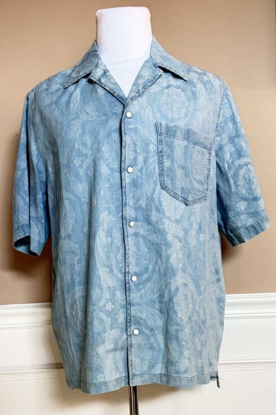Versace Jacquard Chambray Denim Shirt Blue 44 US (54 Euro) 1007836 Italy NEW